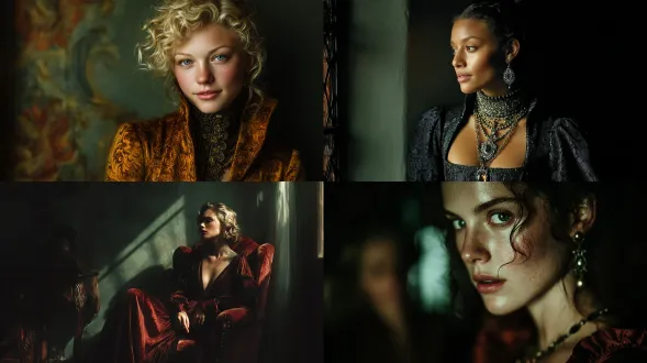 noblewoman’s portrait illuminated by indirect light from balcony, skin luminous against deep velvet tone