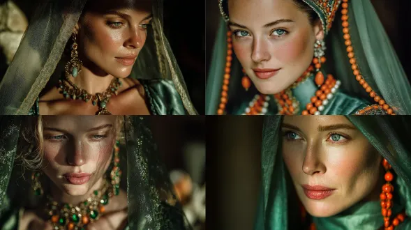 venetian noblewoman wearing emerald silk gown, coral jewelry, soft ivory veil, afternoon light blending cool and warm hues