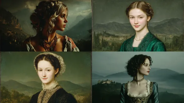 a renaissance-style portrait of a woman, her enigmatic smile illuminated by soft chiaroscuro lighting, standing against an italian landscape, mountains in the background with layers of mist