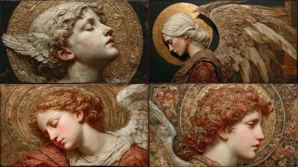 tempera painting on wood of an angel in golden halo, muted earth pigments and fine hatching