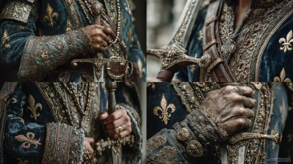 a noble knight in ceremonial attire, navy velvet tunic with gold fleur-de-lis pattern, leather belt and ornate sword hilt, chiaroscuro lighting