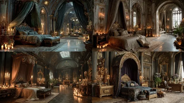an opulent chamber with canopy bed, silk curtains and gilded mirrors, soft candlelight glinting on pearls and lace, atmosphere of royal intimacy,