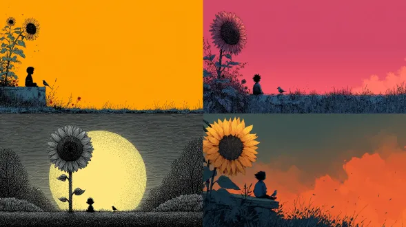 一幅充满奇思妙想的卡通画：一个剪影孩子在夕阳下坐在巨大的向日葵下，旁边栖息着一只小鸟。线条简约，气氛温柔而内省，色调柔和温暖，融合查尔斯·舒尔茨与迈克尔·勒尼格的风格。