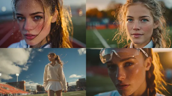 大学操场塑胶跑道场景，高马尾女生穿着校服搭配白色网球短裙，晨光斜射勾勒面部清晰的皮肤纹理，逆光拍摄发丝呈现琥珀色半透明效果，定焦镜头捕捉飞扬的碎发与空中凝固的汗珠，双色温补光板平衡面部阴影与高光，浅景深虚化背景保留看台红色座椅色块，高宽容度记录蓝天白云在护目镜曲面上的变形倒影，慢门摄影叠加跳跃轨迹光斑，添加跑道白线反光产生的星芒特效，柔焦处理晨雾中的金色光晕轮廓