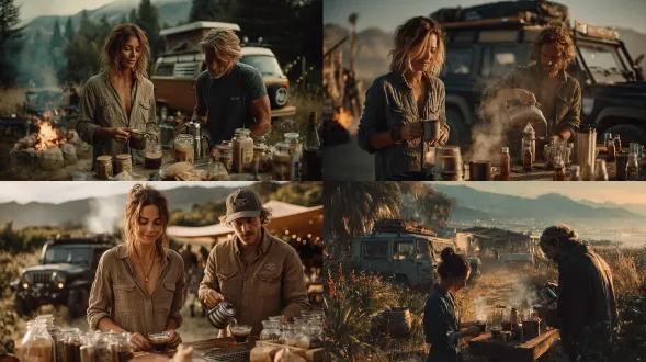 一对情侣在郊野露营地协作煮咖啡，清晨薄雾里，女子穿宽松户外衬衫（随性敞开），与男子一起用手冲壶制作咖啡；背景是露营车、篝火堆与远处山峦，画面充满松弛的户外协作感，光影细腻写实