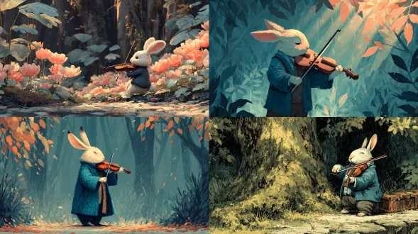 一幅诗意卡通画：兔子在宁静的森林中拉小提琴，阳光穿过树叶洒下。氛围柔和细腻，采用粉彩色调，展现舒尔茨与勒尼格的温馨童话风