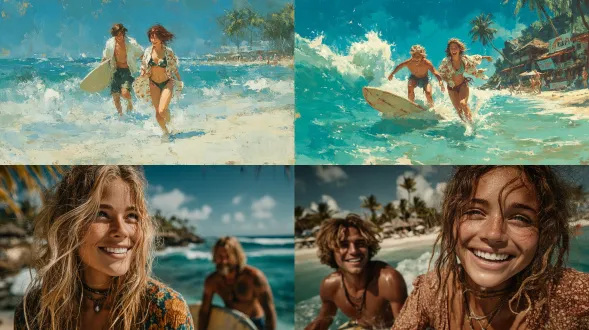 一对情侣在热带海岛协作冲浪，午后阳光热烈，女子穿宽松碎花外罩衫（随风飘逸），正与男子合力将冲浪板搬向海面；背景是碧蓝海浪、白色沙滩与棕榈树，两人笑容灿烂，画面充满夏日活力，写实风格，细节丰富