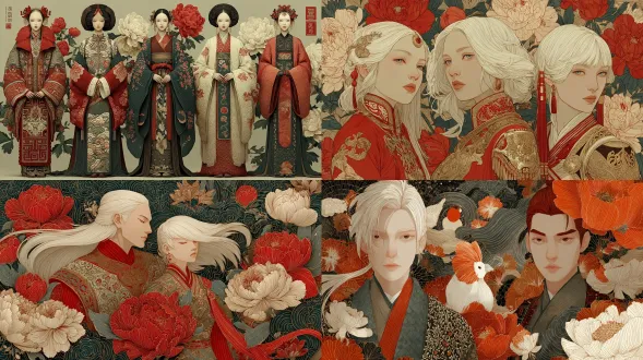 国潮风格的[生肖]角色插画，角色身着中国传统服饰，带有复杂图案和飘逸的飘带，周围环绕着牡丹和祥云，采用鲜艳的红金配色，扁平化设计兼具精细细节，背景简洁。