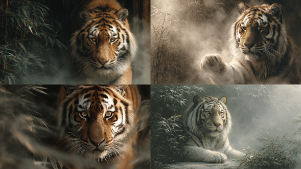 具有照片级真实感的老虎，摆出传统日式老虎姿势，竖版构图，超写实风格，全身细节清晰，金色虎纹，凶猛眼神，前爪抬起，威严姿态，传统日式水墨画背景，竹林环绕，云雾缭绕，动态模糊，长焦镜头，戏剧性光影，高对比度，深色调，细腻毛发纹理，威严感，raw格式