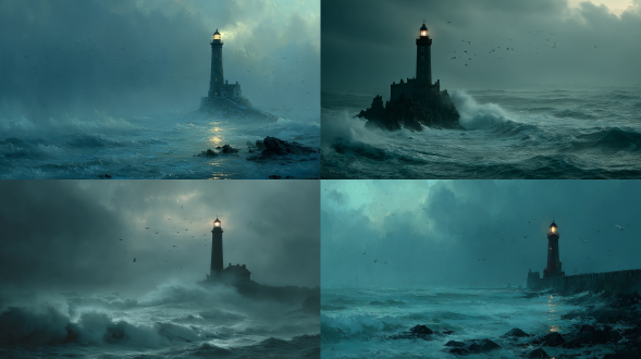 在狂暴的暴风雨中锯齿状岩石上的令人毛骨悚然的灯塔，灯塔在雨雾中闪烁，海浪拍打光滑的石头，海鸥的剪影，哥特式现实主义的数字绘画，喜怒无常的高对比度灯光，带有蓝绿色点缀的不饱和蓝色，潮湿的纹理，被风吹过的栏杆，像闹鬼的眼睛一样的窗户，翻滚的厚重云层
