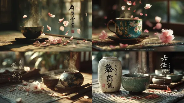 一段宁静的 10 秒动画，展示了 榻榻米表面上的精美瓷茶具 。当柔和的晨光倾泻而入时，蒸汽从杯子中缓缓升起。漂浮的水彩花瓣轻轻飘过。以文字结束：“啜饮宁静。柔和的环境照明，禅宗风格的构图。