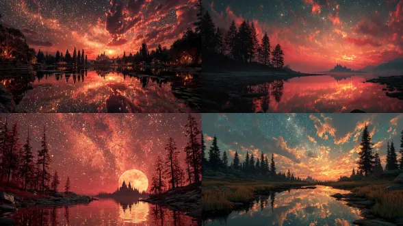 lake surrounded by trees at night, galaxies in the sky reflected in the water, golden clouds, an ancient castle in the distance, sunset red, unreal engine 5, ultra-realistic, intricate details and rich color fantasy, red clouds, sunset, starry sky, sky realm, ultra-wide-angle light, unreal engine, big moon, 4k,hd