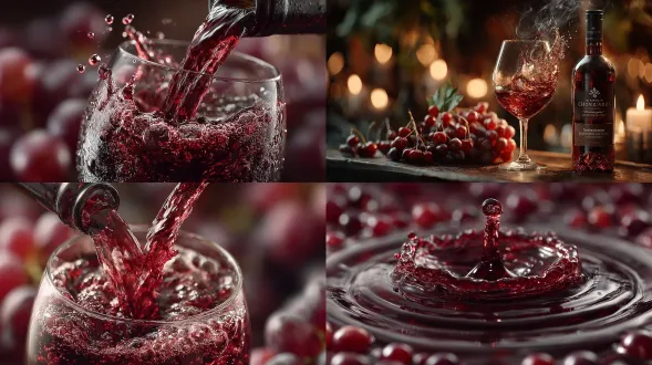 质朴的桌子上优质酒瓶和玻璃杯的 豪华 10 秒动画 。深红色的液体缓缓倾泻而下，形成光滑的涟漪。漂浮的葡萄和香气漩涡唤起了丰富的感觉。以文字结束：“品尝时间。温暖的深红色灯光，优雅的酒庄氛围。