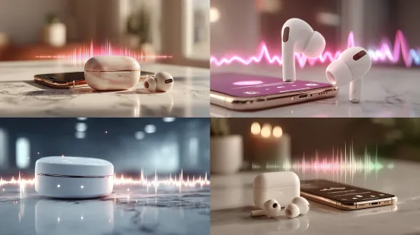 时尚的 10 秒动画，以无线耳塞发出动态声波为特色 。耳塞放在智能手机旁边大理石表面上的特写。随着声音的开始，充满活力的波形有节奏地向外辐射。清晰度、低音和降噪的浮动图标短暂出现。最后，耳塞在柔和的灯光和文字的包围下悬浮：“听到你的世界。干净的现代灯光，简 约的声音主题设计。