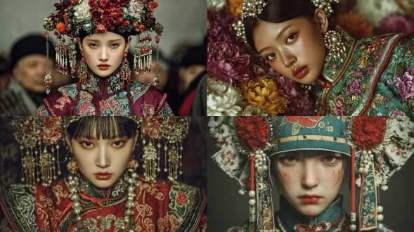 美女，高颜值，清朝流行发髻，华丽的发簪，珠钗，发质蓬松柔顺，五官立体，白皙肌肤，面容干净，精致妆容，深邃眼眸，玻璃唇，好看的发丝柔顺且富有光泽感，从上而下的俯瞰视角，戏剧化场景，中心点构图