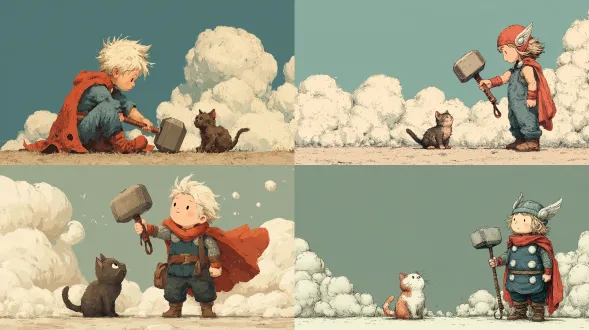 一幅可爱的卡通画：婴儿雷神将他的小锤子递给好奇的小猫，身后飘动着柔云。schulz风格的温情简约与平面柔色。