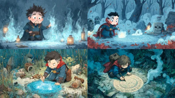 一幅奇幻温暖的卡通画：小奇异博士用粉笔在地上画发光符文，魔法薄雾环绕，schulz与漫威的奇妙融合。