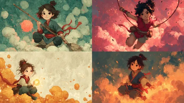 小哪吒坐在蓬松浮云上玩火环，红绫飘动，天真笑容，简约线条，温暖色调，卡通渲染，梦幻背景，柔和光影，舒尔茨风格，神话氛围，欢乐童趣，圆形构图，水彩质感，明亮色彩，流畅动态，神话元素，云层细节，火环特效，扁平化设计，温馨治愈，轻盈飘浮