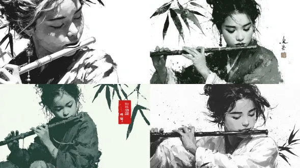 少女吹笛，水墨风格，简约笔触，白背景，极简细节，一片青竹叶，高分辨率，高质感，高对比度，黑白灰调，动态视角，宁静构图