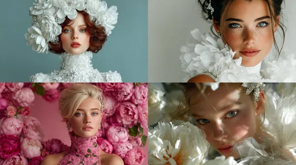 美女，高颜值，层次感发型盘发，水晶单侧发饰，发质蓬松柔顺，五官立体，白皙肌肤，面容干净，精致妆容，深邃眼眸，玻璃唇，好看的发丝柔顺且富有光泽感，冰雕牡丹花。吊带裙的领口有一圈盛开牡丹花，花瓣纹理清晰，视觉冲击感，目光正对镜头，仰视视角，随机构图，戏剧化场景