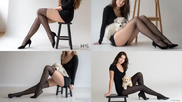 这是一张垂直拍摄的工作室照片，展示了一位穿着黑色服装的模特坐在一个简单的黑色木凳上。双腿的姿势如下：左大腿从座位处略微向上倾斜，左膝弯曲约100°，左小腿向后伸展，使左脚离地；右腿向前下方伸展，右脚跟触地，脚趾朝上。左腿在膝盖附近交叉于右腿之上，形成一条干净利落的斜“s曲线”。模特穿着透明的黑色连裤袜（15-20旦尼尔，哑光，均匀色调，无破洞，无褶皱）和黑色包趾细高跟鞋（约10厘米），鞋面为光滑的皮革。一只可爱的1个月大小狗横躺在她的大腿上/左大腿上，身体与大腿平行，小爪子放松地搭在腿上，头朝向右侧，表情平静，毛色柔软短小；在小狗与连裤袜接触的地方添加微妙的阴影，并保持鞋子清晰可见（小狗不应遮挡右脚跟）。背景为无缝纯白色和地板，采用专业工作室灯光：左前侧的大面积柔和光，辅以柔和的补光，尽量减少刺眼的阴影，腿部呈现清晰而柔和的渐变。相机位于腰部高度，略微呈四分之三角度，短焦距镜头（85-105毫米），紧凑的构图仅包括腰部/腿部、凳子和小狗。强调修长纤细的腿部；优雅、有品位的时尚造型。无面部、头部、躯干、手臂或手部，无额外道具，无裙子，除正常透明连裤袜外无其他透明物品。