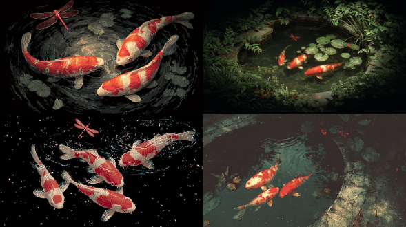 在漆黑的夜里，有个空荡荡的池塘，三条锦鲤在其中游弋。天空没有星辰，唯有只红蜻蜓在它们面前盘旋。四周空无一物，令人感到无比寂寥。这幅画面由佳能相机从高空拍摄，呈现出高清晰度的影像。