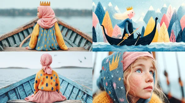 以罗斯·贝施和吉尔·埃尔夫格伦的风格呈现，一幅电影般的场景：七岁的玛格丽特——挪威的少女、苏格兰的女王——身着羊毛衬裙，头戴头巾，顶着王冠，面容清秀如孩童，乘着维京船驶向奥克尼群岛，姿态充满动感，8k分辨率，超高清