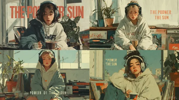 风格动漫插画，时尚歌单封面《太阳之力》一位二十多岁的日本女性，美丽而随性酷感，神情朦胧，姿态慵懒，倚坐于大窗边沐浴晨光。身着宽松连帽衫或复古针织衫，戴着耳机，啜饮咖啡或茶饮。周遭环绕着黑胶唱片、书籍与室内绿植。东京公寓氛围，温馨简约。柔和粉彩调色盘：灰粉、暖米、浅青、褪色靛蓝。柔光朦胧，线条简洁，隐约颗粒感，背景虚化。慵懒内省的氛围，低保真美学，复古现代风格。