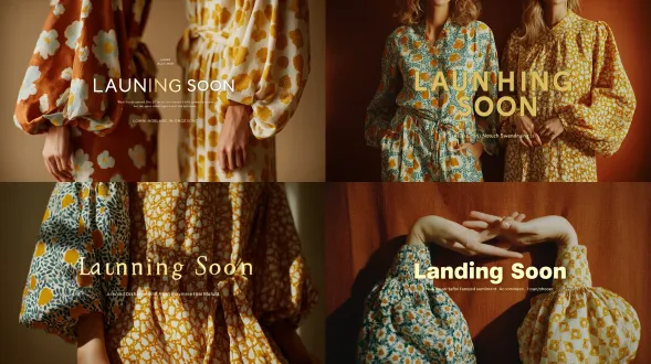 两只女性手臂优雅地伸展入镜，背景是简约的锈色纹理红布料。一只手臂穿着蓝白有机图案的宽袖，另一只穿着黄白几何图案的宽袖，两件服饰均采用超宽袖设计。双手在空中放松而优雅地摆放，手指轻柔弯曲。这幅平面铺展风格的时尚品牌构图，以自然光线勾勒出柔和漫射的阴影，营造出简约而通透的氛围，留白空间强烈，中央以金色衬线体呈现全大写字样“即将发布”。极简主义新品发布美学，柔和自然光线勾勒出平滑漫射的阴影。优雅通透的氛围中，强烈的负空间衬托出居中的衬线字体——金色大写字母“launching soon”（即将发布）。使用佳能eos r5相机搭配70-200mm镜头，焦距135mm，光圈f/4，iso 100，右侧漫射日光补光。编辑级工作室摄影，高清晰度，锐利阴影，柔和色调，现代奢华美学