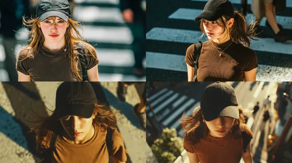 高级时尚编辑概念写真。从高角度斜拍一位日本年轻女孩穿过人行横道。她身着棕色短款紧身衣，头戴黑色棒球帽，正穿过人行横道。行走时，棕色的直长发自然飘动。