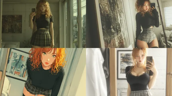 超写实镜像自拍，画面中是一位日本年轻女孩。她有着波浪状的姜黄色头发、大大的绿色眼睛、长长的睫毛和柔软的嘴唇，身着短款格子百褶裙、修身黑色 t 恤和黑色过膝袜。她侧身站立在一间现代简约风格的房间里，手中举着智能手机挡在脸前，墙上挂着带框抽象画，室内光线为柔和的日光，整体呈现电影质感，超写实风格，属于编辑类摄影作品，皮肤纹理逼真。