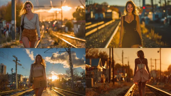漂亮女子穿着短裙沿铁轨行走，夕阳洒满柔和金色光芒，电影感氛围，优雅步伐，长发飘逸，温暖微笑，铁轨延伸透视构图，暖色调，广角镜头，逆光，柔和阴影，动态模糊，浪漫情绪，胶片质感，高光溢出，黄昏天空，诗意场景。