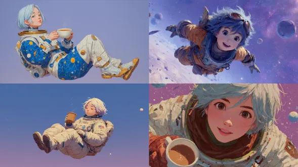 一幅高度精细、半写实的数码绘画，描绘一位愉快的动漫风太空探险少女，在零重力中漂浮并捧着一杯冒热气的咖啡。她的短银发闪烁着淡淡的蓝色反光，未来风战衣上可见细小划痕与磨损边缘。远处星辰与行星闪烁光辉。背景为纯淡紫色，线条干净，光影具电影质感。