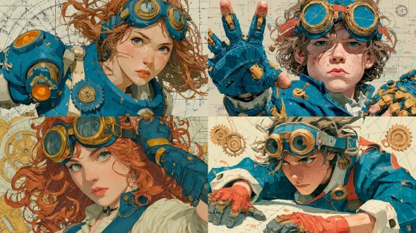 一幅高度精细、半写实的数码绘画，描绘一位年轻的女性动漫风蒸汽朋克机关师，周围漂浮着铜质齿轮与发光蓝图。她的双手沾满机油，杂乱的棕红头发上架着黄铜护目镜。左臂机械结构散发橙色符文光。背景为纯暖米色，线条明晰，笔触精准