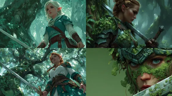 一幅高度精细、半写实的数码绘画，描绘一位优雅的动漫风精灵骑士伫立在古老发光的树下。她的翡翠色盔甲与苔藓质地相融，剑刃上流动着微弱的光纹。她神情平静却不失威慑。背景为纯浅绿色，边缘光柔和，细节描绘精致