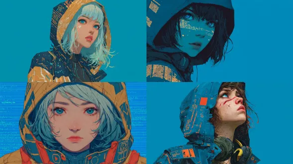 一幅高度精细、半写实的数码绘画，描绘处于虚拟梦境中的动漫风黑客少女。她身后漂浮着霓虹色代码流，双眼反射出发光的数据图案。她穿着带有电路光纹的连帽外套。背景为纯青色，线条锐利，氛围充满未来感。