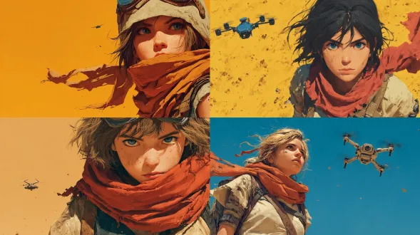 一幅高度精细、半写实的数码绘画，描绘一位动漫风拾荒少女在炙热沙漠中穿行。破旧围巾在风中飘扬，身旁有一个小型悬浮无人机。阳光映照出他坚定的目光。背景为纯沙黄色，高对比光影，尘土质感逼真。