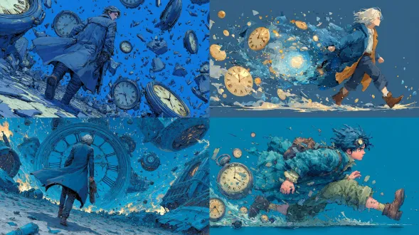 一幅高度精细、半写实的数码绘画，描绘一位动漫风旅人正穿越破碎的时间裂隙，周围漂浮着钟表与星系碎片。他的披风闪烁着宛如液态玻璃的光泽。背景为纯靛蓝色，构图简洁，光影柔和。