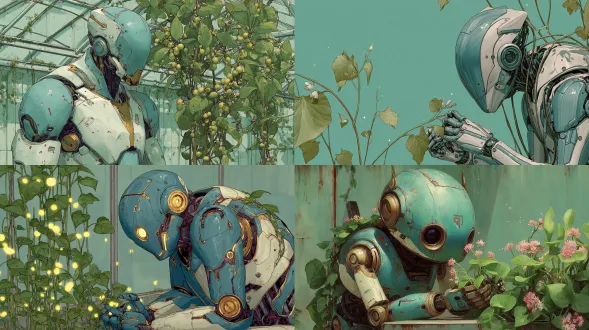 一幅高度精细、半写实的数码绘画，描绘一位温和的动漫风机器人花匠，在未来温室中照料发光植物。藤蔓温柔地缠绕在他的金属手臂上，生物荧光花粉在空中飘散。背景为纯薄荷绿色，焦点清晰，氛围宁静。