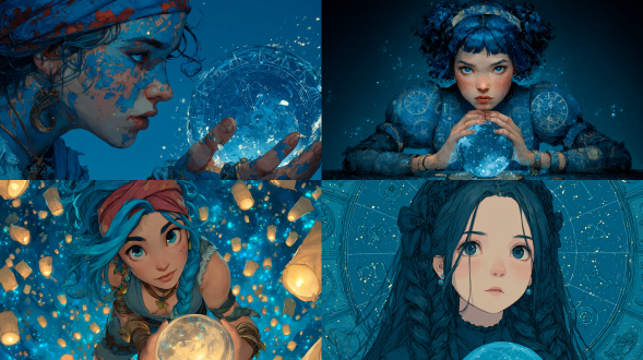 一幅高度精细、半写实的数码绘画，描绘一位动漫风星屑占卜师，周围漂浮着黄道符号与闪烁星尘。她的水晶球映射出星系辉光。背景为纯深蓝色，光效神秘，星粒质感细密。