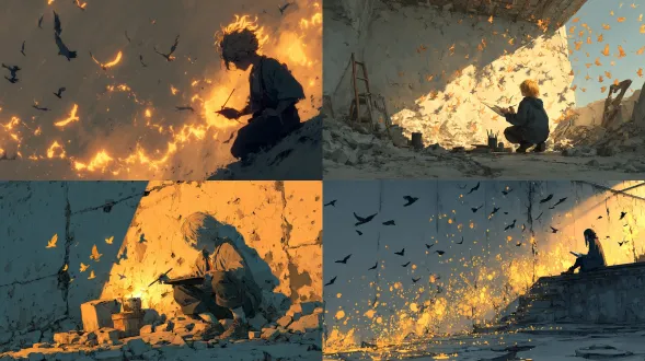 一幅高度精细、半写实的数码绘画，描绘一位动漫风画师在废墟城市的破墙上用光能作画，画笔划出发光线条，化为飞鸟。阳光中尘埃闪烁。背景为纯暖灰色，金色柔光，运动线条清晰。