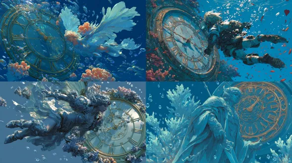 一幅高度精细、半写实的数码绘画，描绘一位动漫风守望者漂浮在海底巨大钟表旁。气泡与珊瑚反射出银蓝光。背景为纯海蓝色，光线宁静，水下细节清晰。