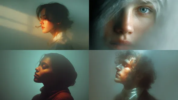 portrait emerging from white haze, soft gradient light and emotional calm.