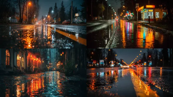 street at night after rain, reflections of lights on wet pavement, cinematic tone