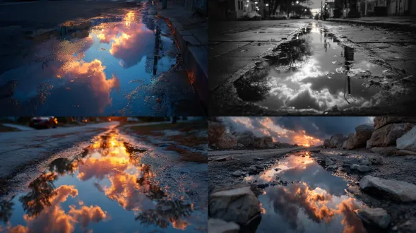 puddle reflecting passing clouds, emotional realism and depth, canon r5 · 85 mm f/1.2, f/1.4