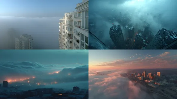 city roofs seen through soft fog, poetic aerial depth
