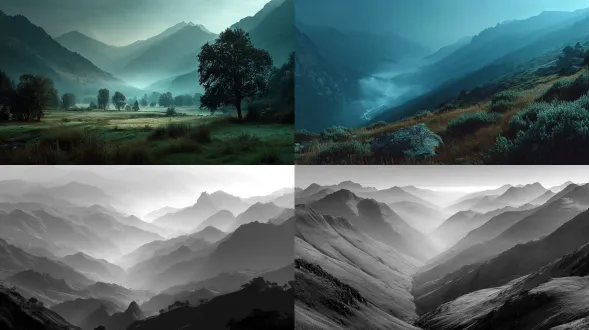 valley fading into light mist, gradient tone and quiet presence