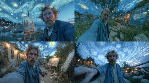 这张超现实的自拍照显示文森特·梵高在河边草坪上画《星夜》。梵高站在离相机一臂的距离的地方，他的手臂明显地伸向相机，就像拿着一部手机一样（尽管手机不见踪影）。他有一头火红、凌乱的头发和胡须，穿着一件纯蓝色的外套。在背景中，画架上放着正在进行的《星夜》的画布，周围环绕着植物和散落的岩石。萤火虫也附着在植物上。头顶，星空闪烁着鲜艳的图案。该图像捕捉到了自拍的随意、iphone 式的取景、电影般的夜间照明和逼真的皮肤纹理。