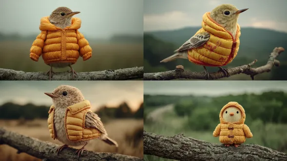 一只穿着充气黄色羽绒服的鸟栖息在干树枝的顶部。背景是一片模糊的绿色草原，具有自然光线的真实摄影风