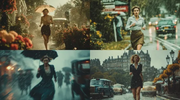 电影般的超写实幽默镜头，一个穿着裙装的年轻职业女性在上班的路上冒着大雨奔跑，正面向你跑来，雨伞翻过来